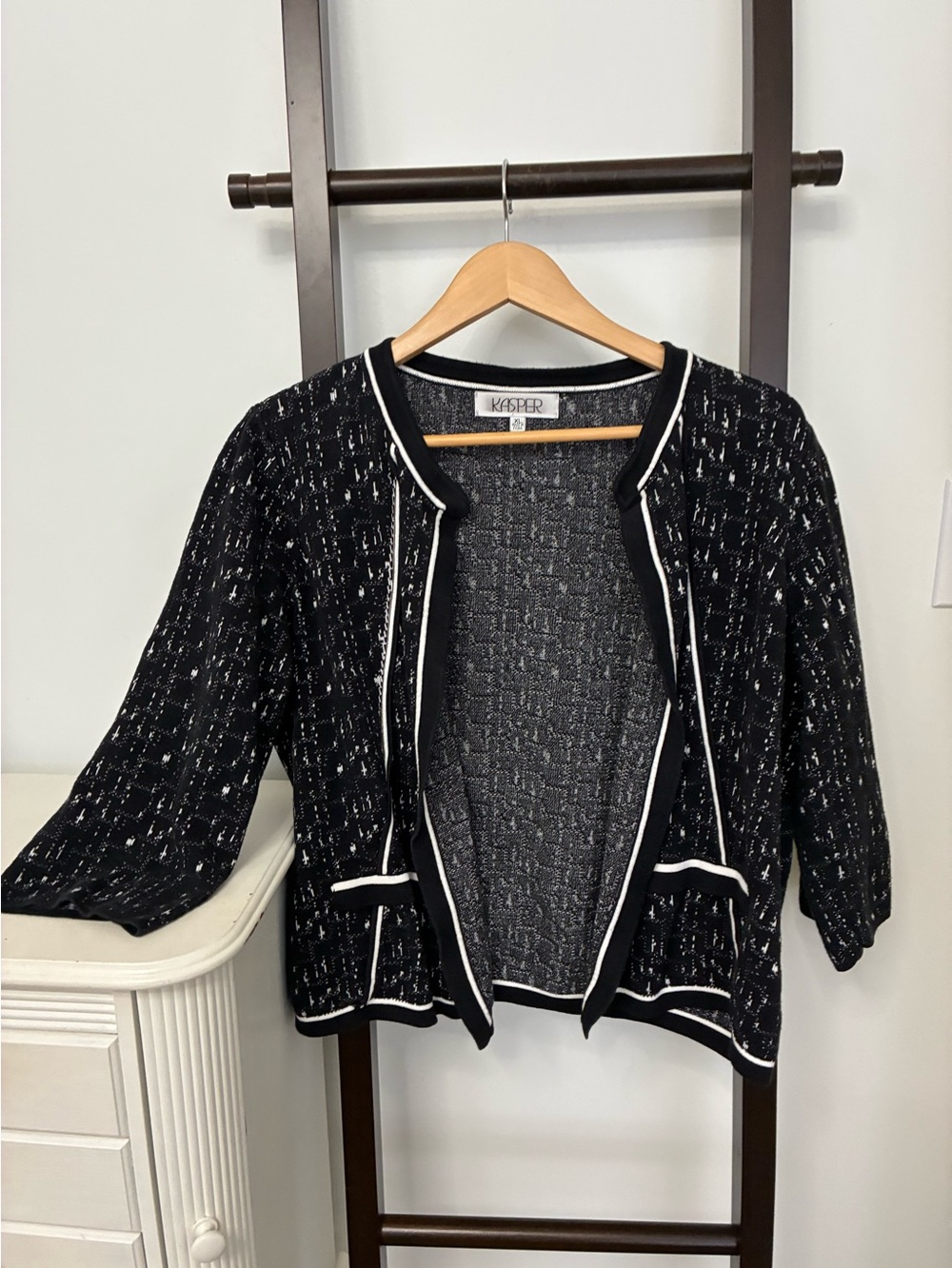 Kasper Black Tweed Open Front Jacket style cardigan with White Trim XL